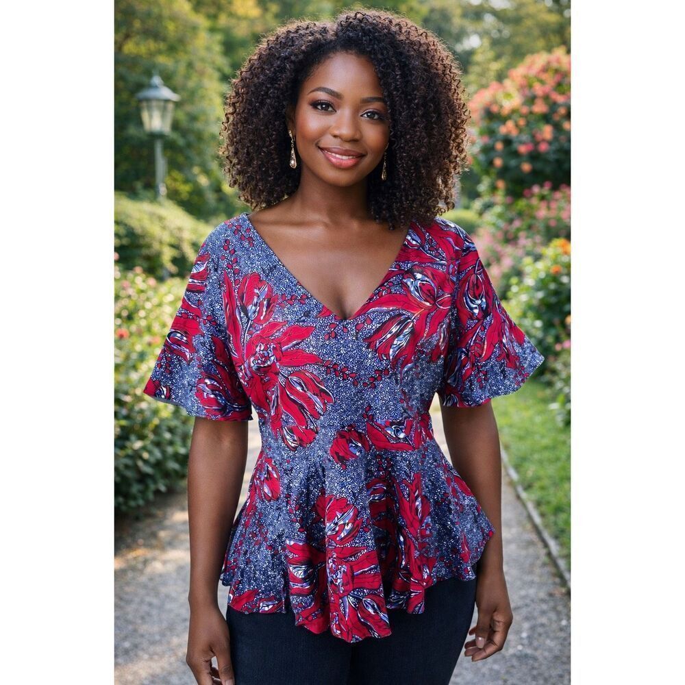 Mae Otti 2xl women's African print peplum blouse red blue floral pattern flutter